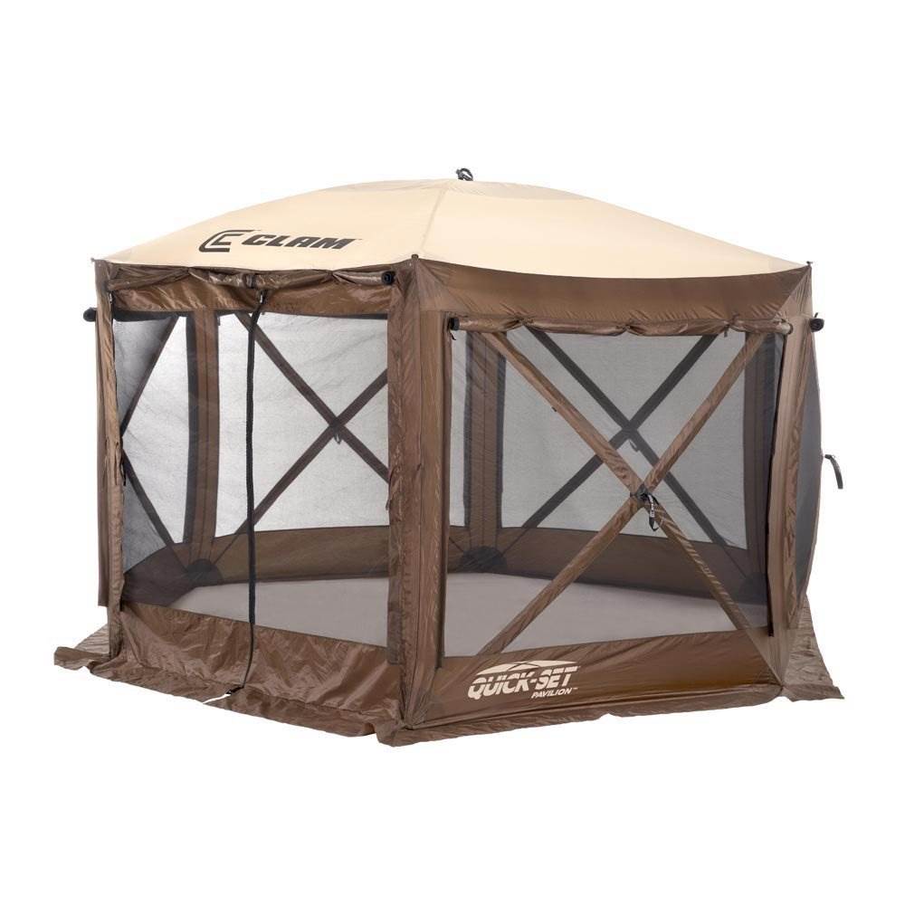 Clam Quickset Pavilion Brown 8 Person Tent w/ Floor Tarp and Tan Rain Fly