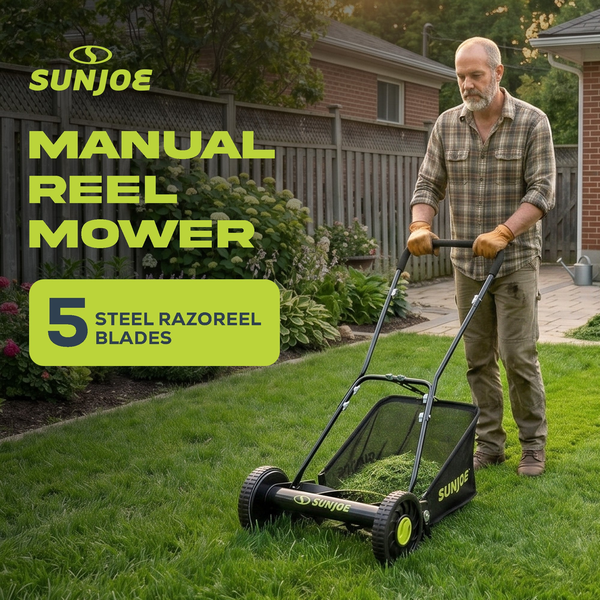 Sun Joe 16" Reel Mower with Grass Catcher and Adjustable Cutting Height, MJ500M