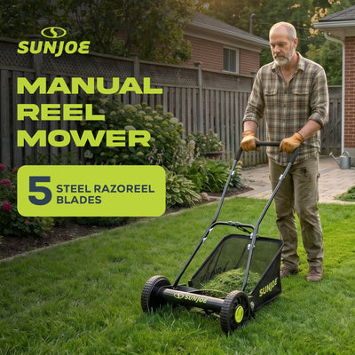 Sun Joe 16" Reel Mower with Grass Catcher and Adjustable Cutting Height, MJ500M