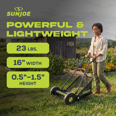 Sun Joe 16" Reel Mower with Grass Catcher and Adjustable Cutting Height, MJ500M