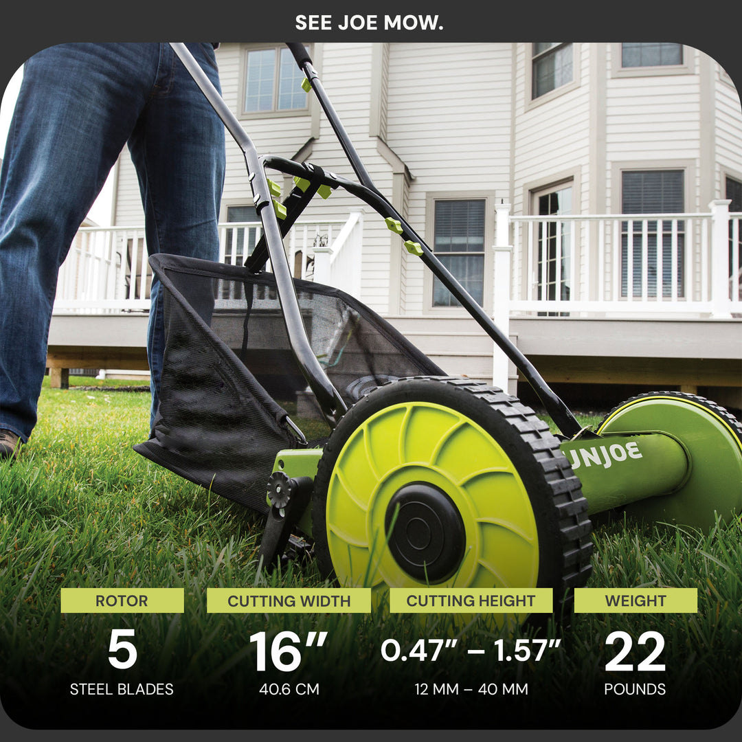Sun Joe SUJ-MJ500M 16 Inch 4 Position Manual Reel Mower with Catcher (Open Box)