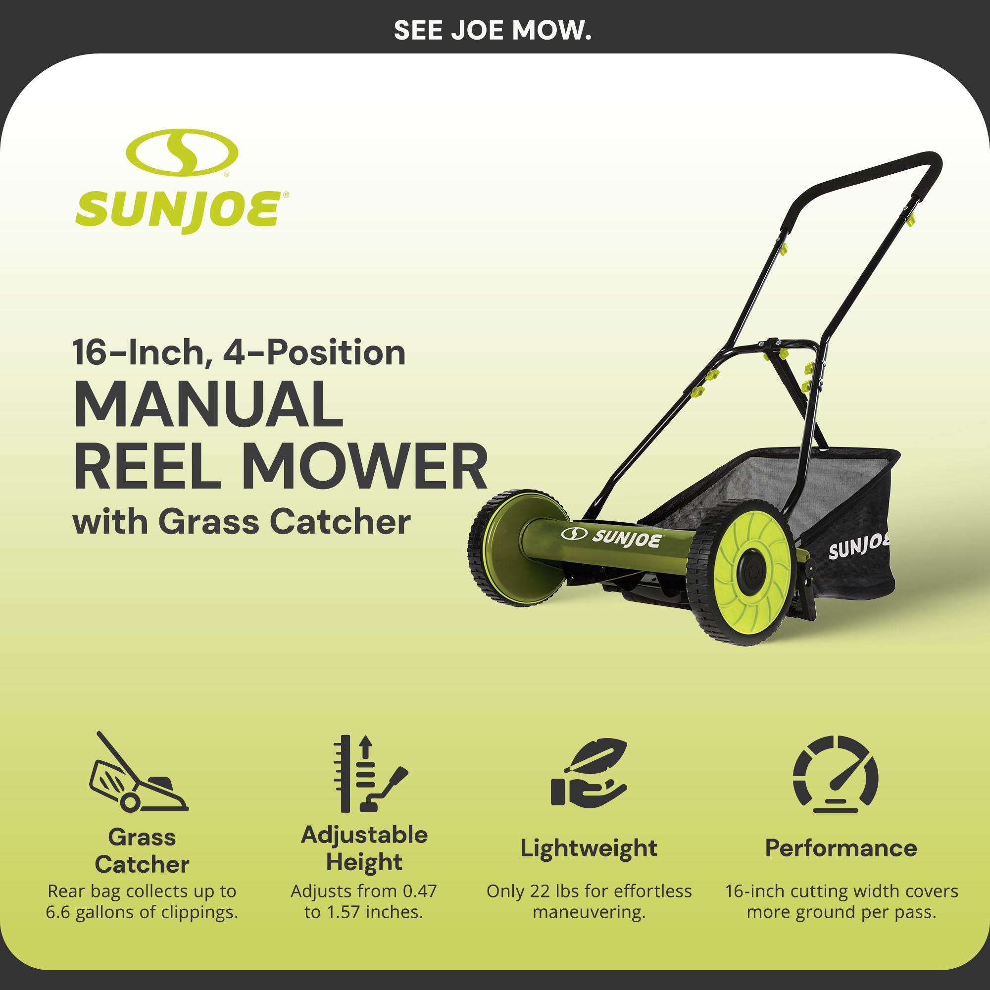 Sun Joe SUJ-MJ500M 16 Inch 4 Position Manual Reel Mower with Catcher (Open Box)