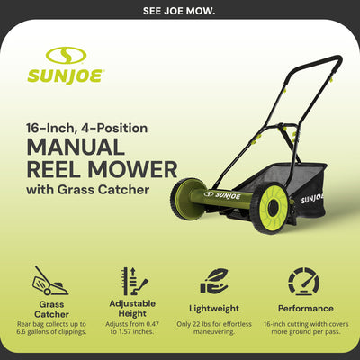 Sun Joe SUJ-MJ500M 16 Inch 4 Position Manual Reel Mower with Catcher (Open Box)