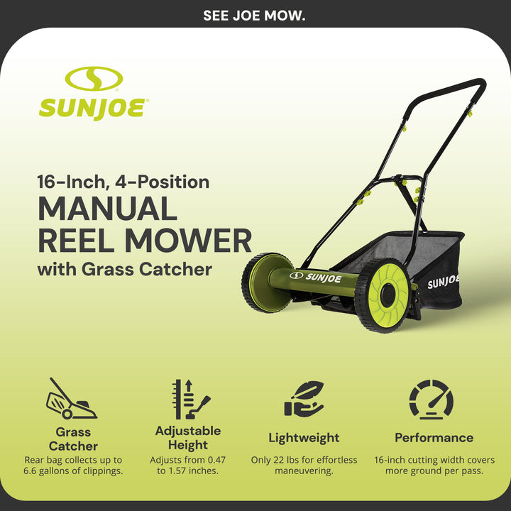 Sun Joe SUJ-MJ500M 16 Inch 4 Position Manual Reel Mower with Catcher (Open Box)