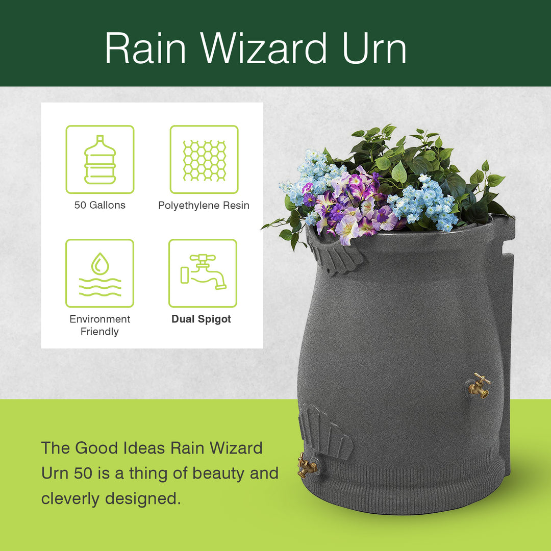 Good Ideas RWURN50-LIG 50 Gallon Rain Saver Wizard Barrel Urn, Light Granite