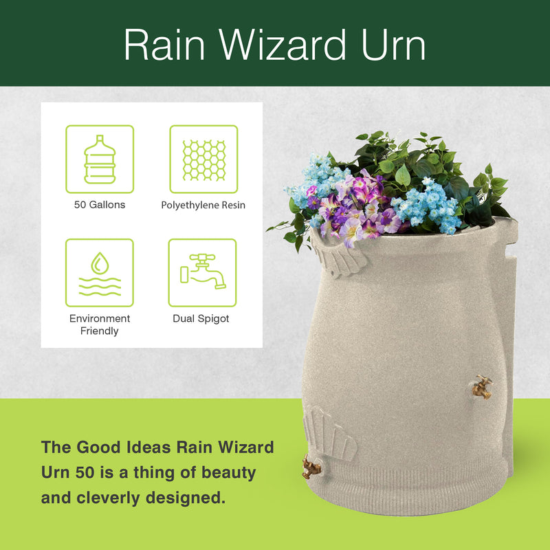 Good Ideas R50 Gallon Rain Water Saver Wizard Barrel Urn, Sandstone (Used)