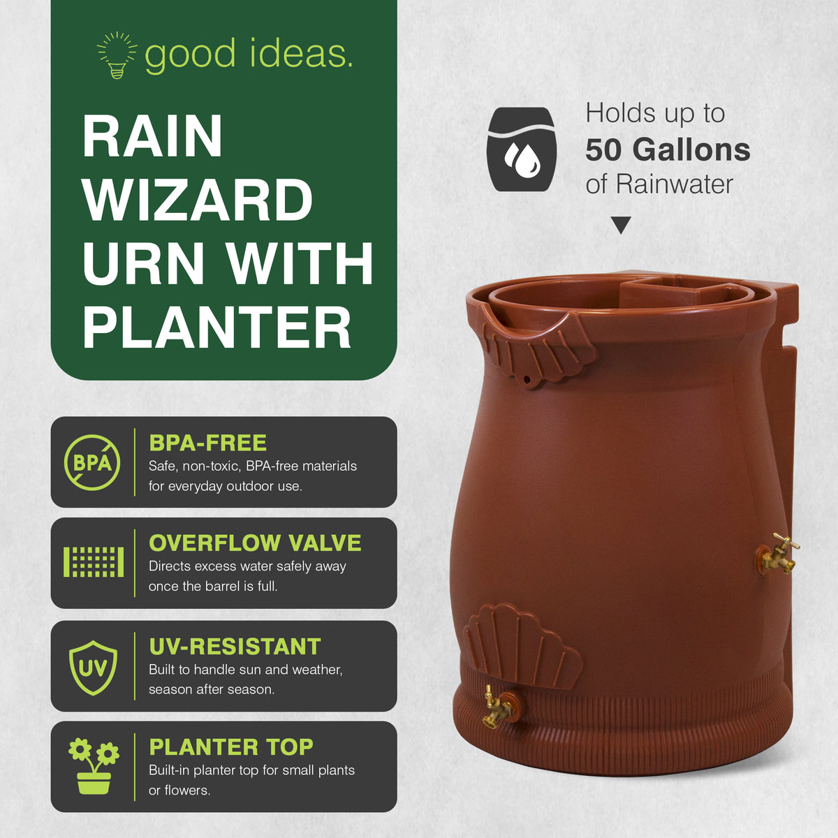 Good Ideas 50 Gallon Rain Water Saver Wizard Barrel Urn, Terra Cotta (Open Box) - VMInnovations