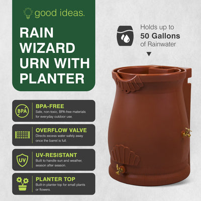 Good Ideas Rain Wizard 50 Gallon Rain Barrel Water Collector Urn, Terra Cotta