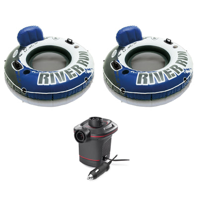 Intex 2 Pack of River Run 1 Person Floating Tubes and Single 12 Volt Air Pump
