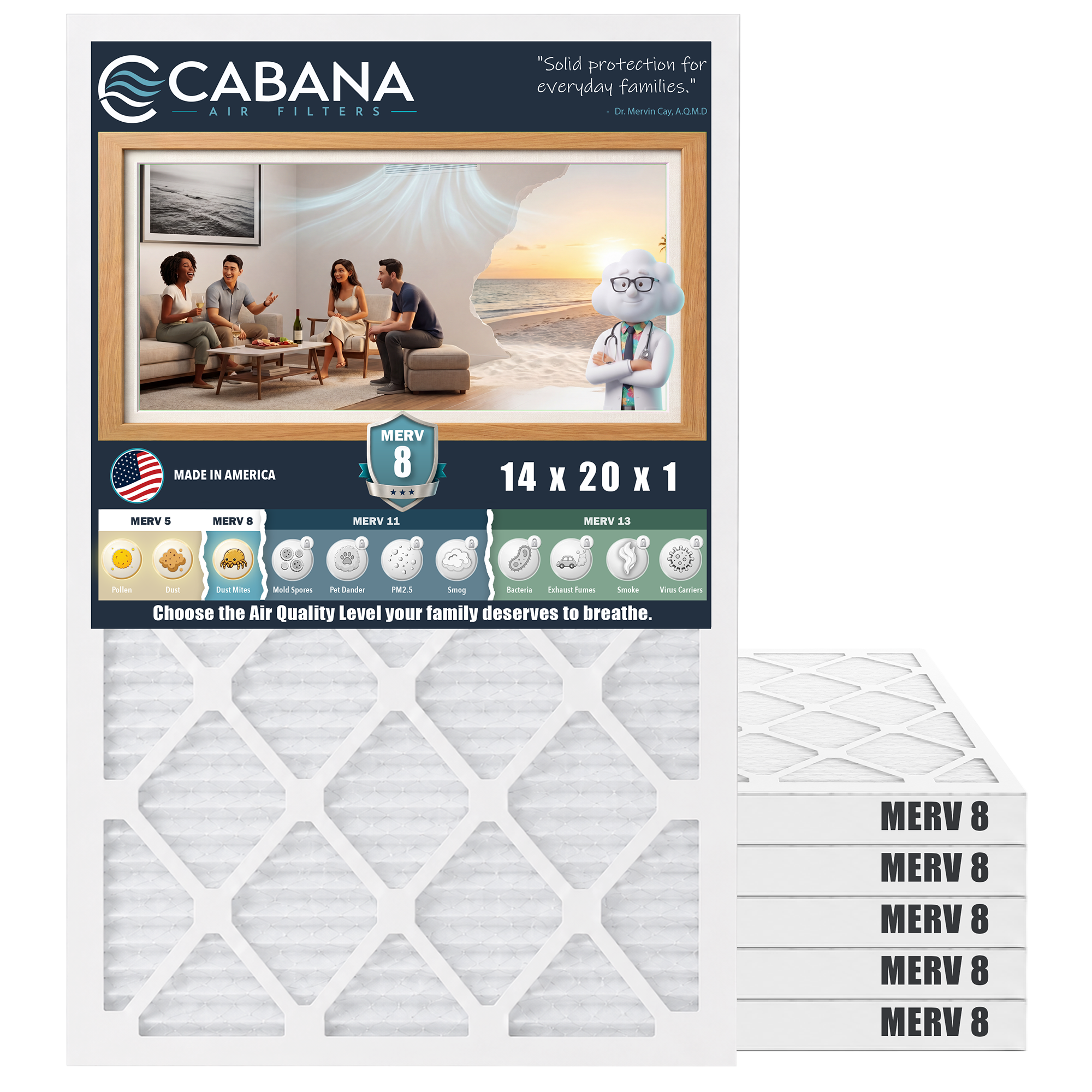 Cabana Air Filters 6 Pack HVAC Furnace Air Filters, MERV 8, 14 x 20 x 1, White
