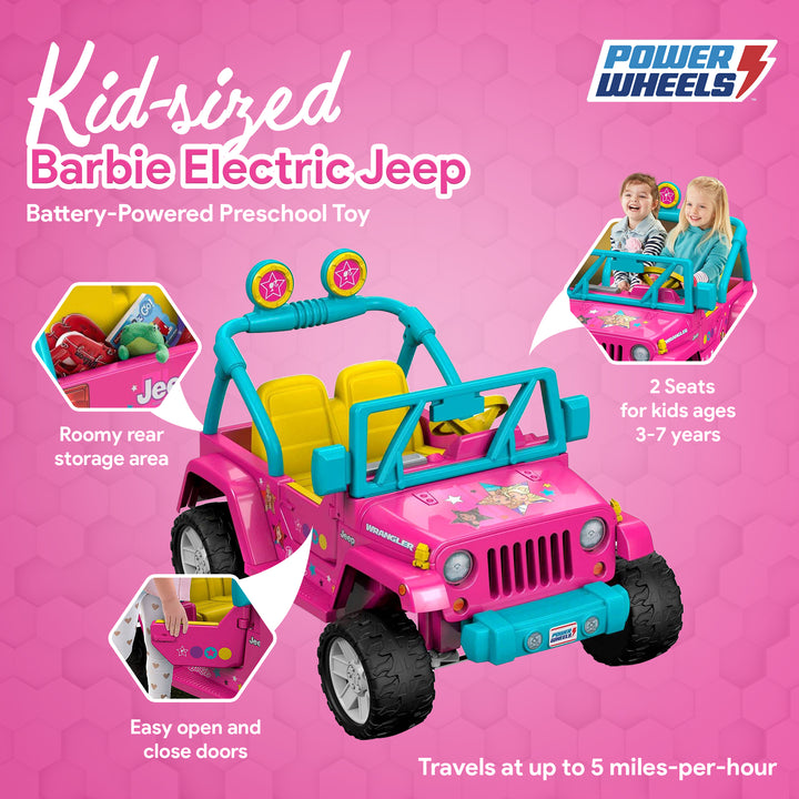 Fisher-Price Power Wheels Barbie Jeep Wrangler with Music and Power Lock Brakes