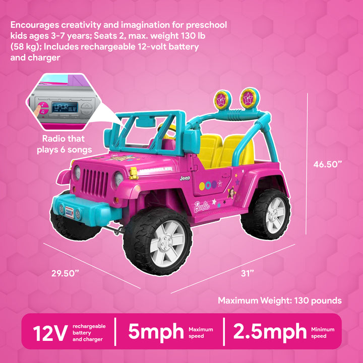 Fisher-Price Power Wheels Barbie Jeep Wrangler with Music and Power Lock Brakes