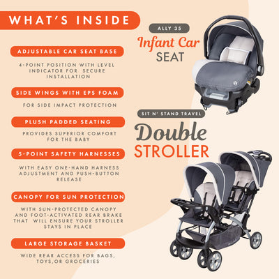 Baby Trend Sit N Stand Baby Double Stroller & 2 Infant Car Seat Combo, Magnolia - VMInnovations