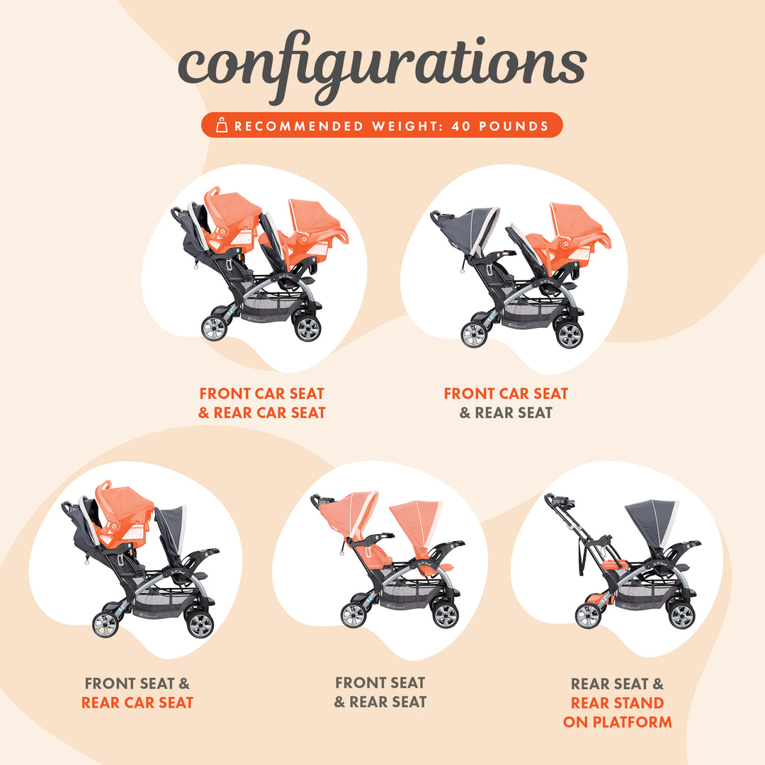 Baby Trend Sit N Stand Baby Double Stroller & 2 Infant Car Seat Combo, Magnolia