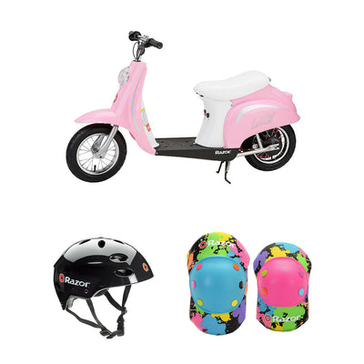 Razor Pocket Mod Electric Retro Scooter + Youth Sport Helmet + Elbow & Knee Pads