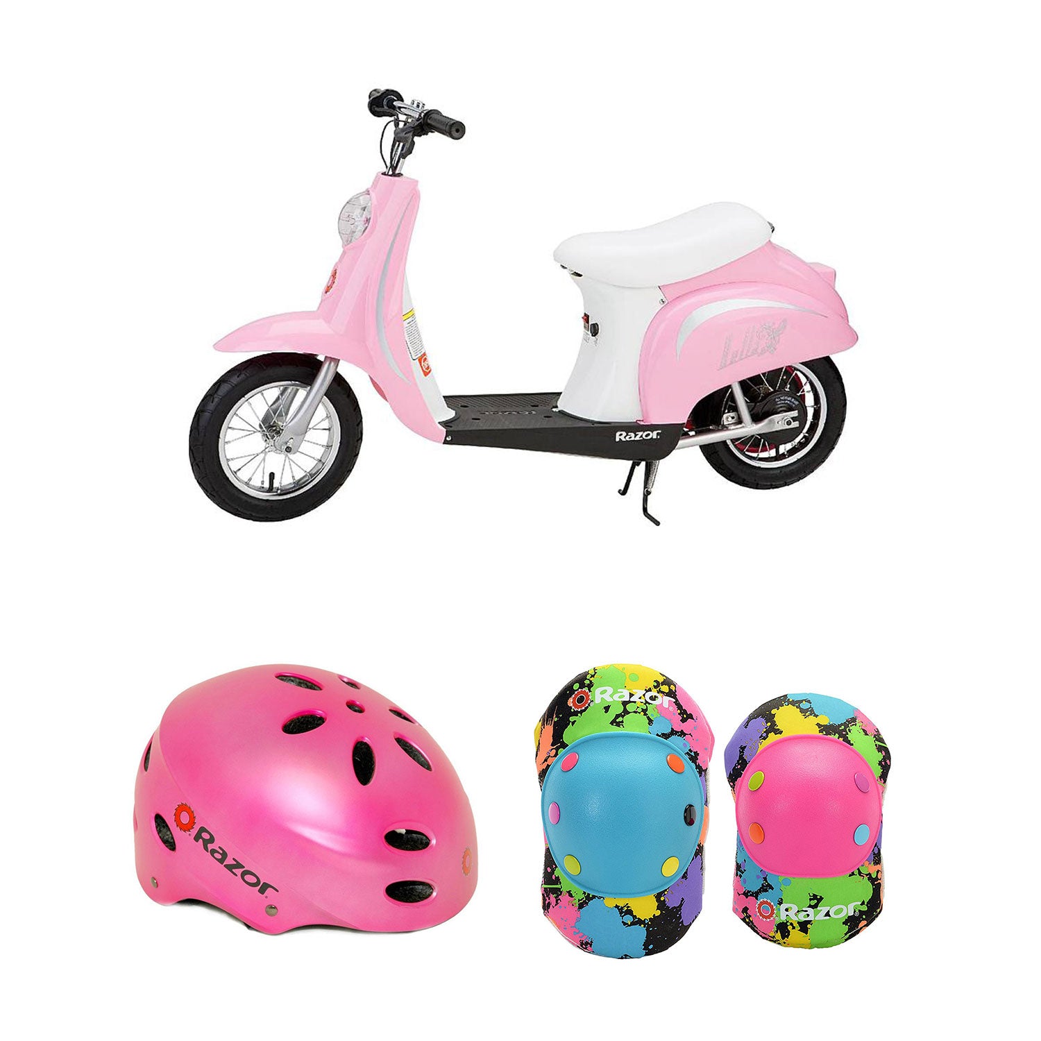 Razor Pocket Mod Electric Retro Scooter + Youth Sport Helmet + Elbow & Knee Pads
