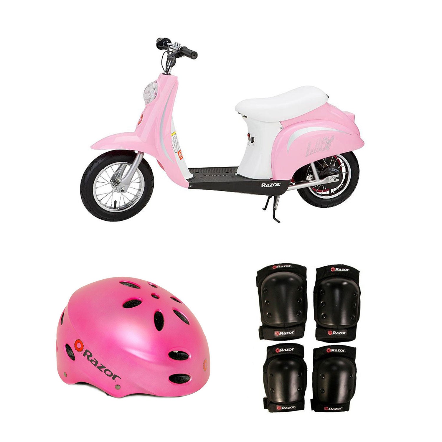 Razor Pocket Mod Electric Retro Scooter + Youth Sport Helmet + Elbow & Knee Pads
