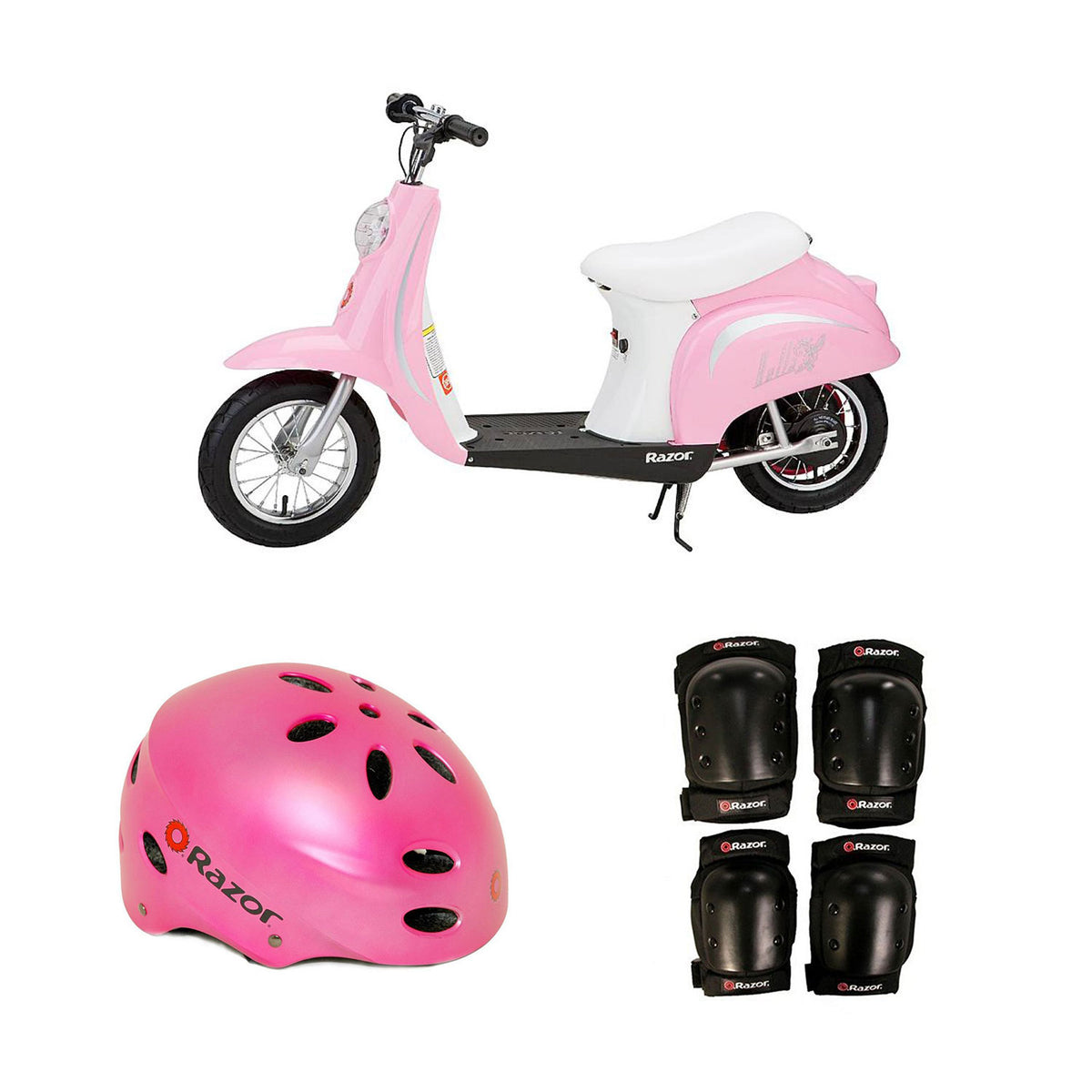 Razor Pocket Mod Electric Retro Scooter + Youth Sport Helmet + Elbow & Knee Pads