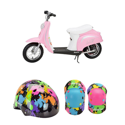 Razor Pocket Mod Electric Retro Scooter + Youth Sport Helmet + Elbow & Knee Pads