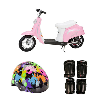 Razor Pocket Mod Electric Retro Scooter + Youth Sport Helmet + Elbow & Knee Pads