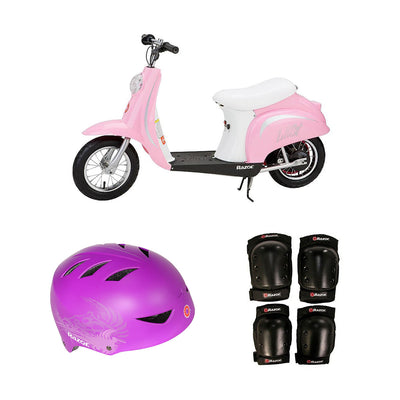 Razor Pocket Mod Electric Retro Scooter + Youth Sport Helmet + Elbow & Knee Pads - VMInnovations