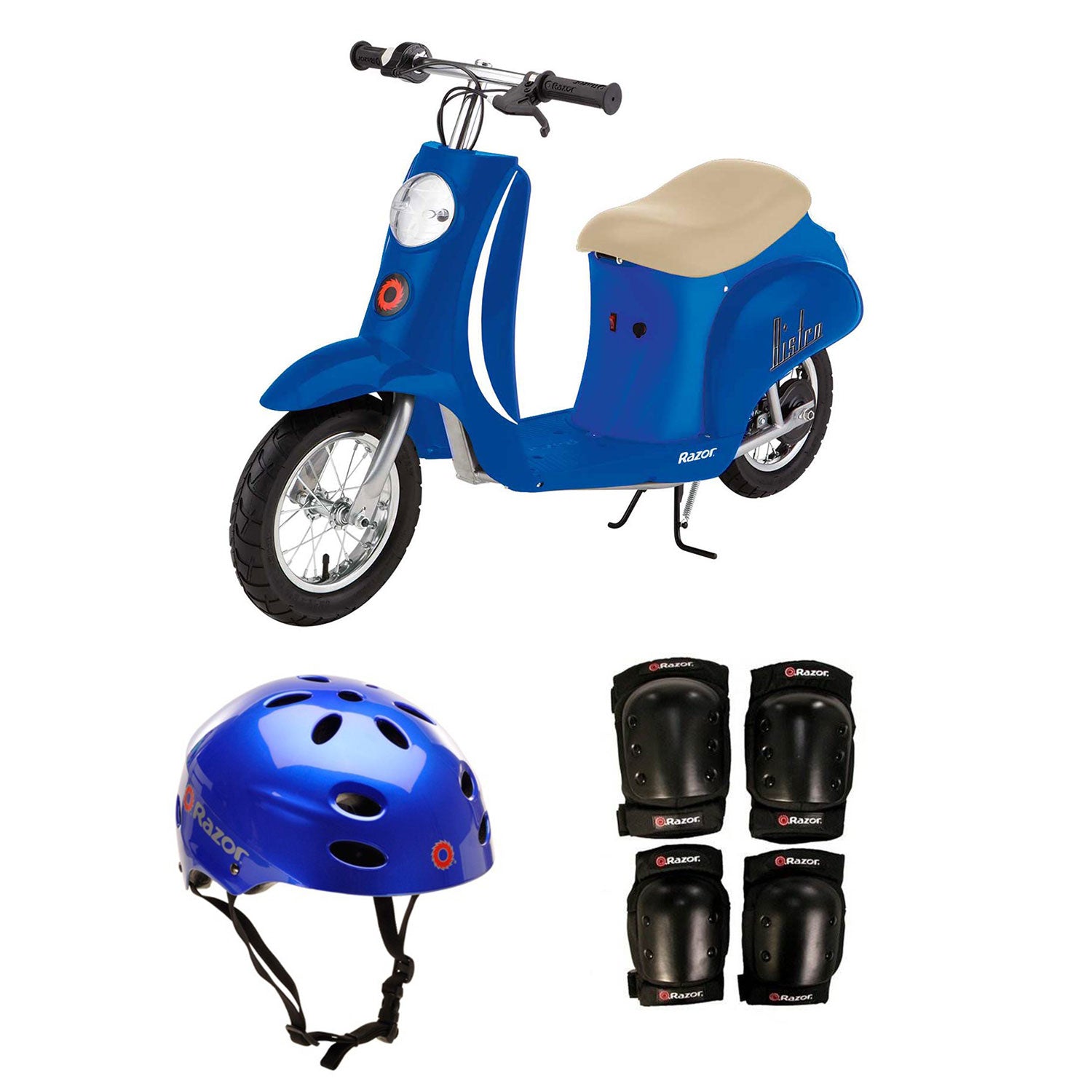 Razor Pocket Mod Electric Retro Scooter + Youth Sport Helmet + Elbow & Knee Pads