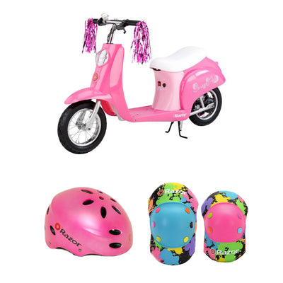 Razor Electric Retro Kids Scooter, Pink w/ Youth Sport Helmet, Elbow & Knee Pads