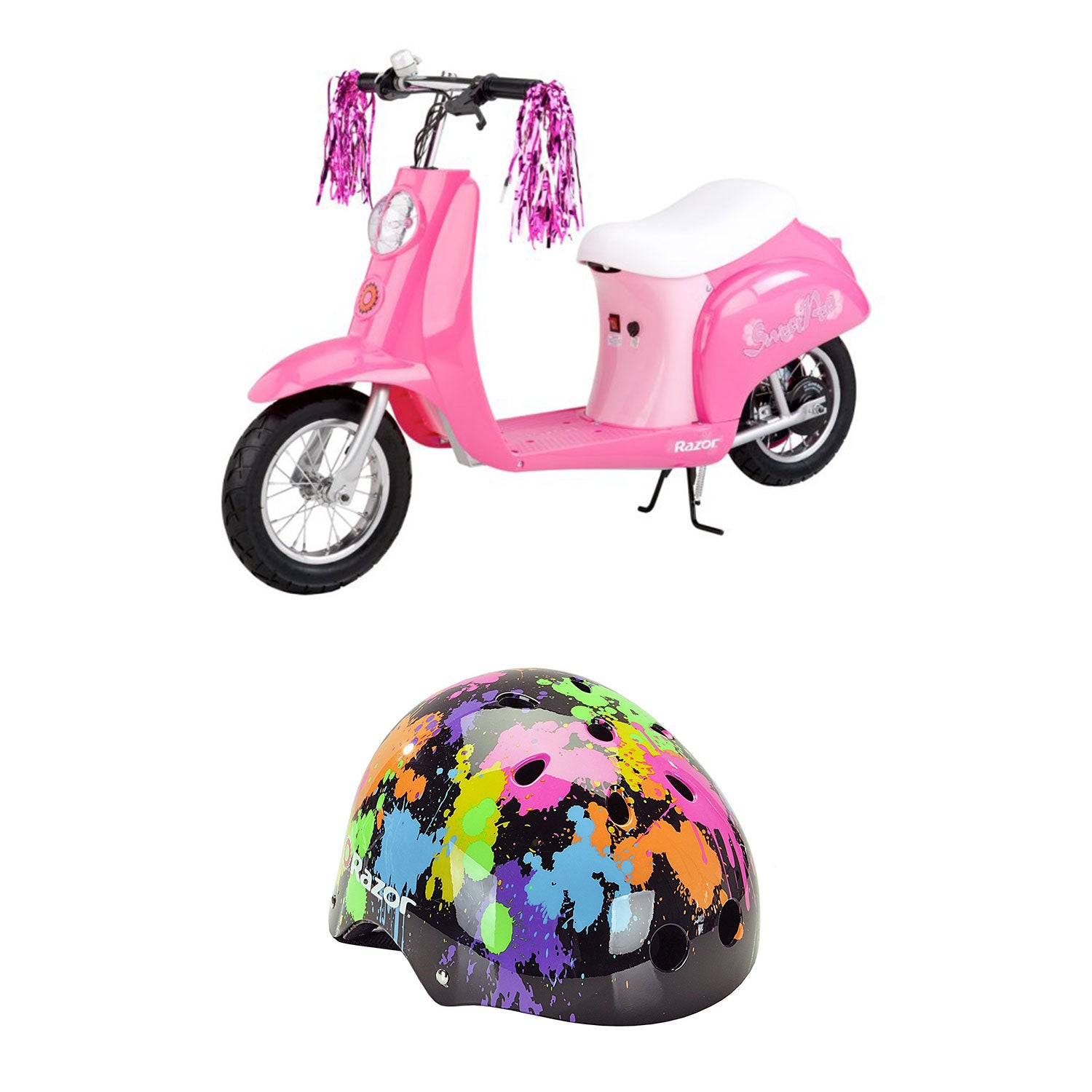 Razor Pocket Electric Retro Kids Scooter, Pink & Youth Sport Helmet, Multi Color