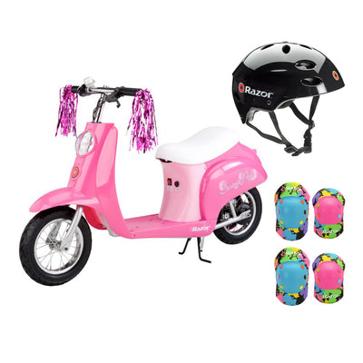 Razor Pocket Mod Mini Electric Scooter & Black Helmet & Rainbow Elbow, Knee Pads