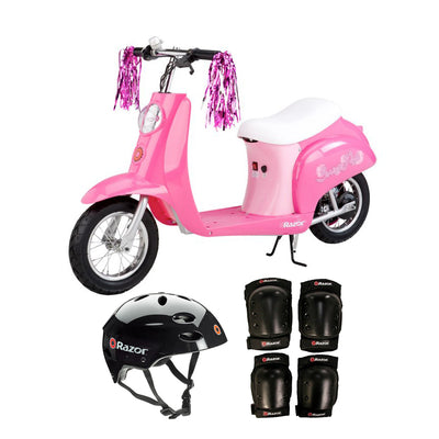 Razor Pocket Mod Mini Electric Scooter, Pink w/ Black Helmet & Elbow/Knee Pads