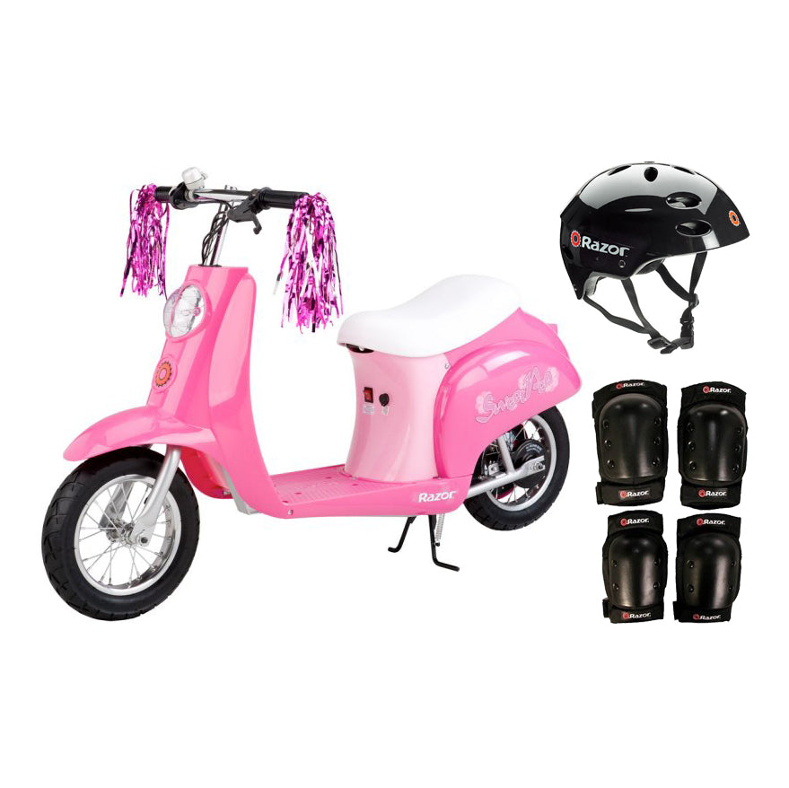 Razor Pocket Mod Mini Electric Scooter Bundle w/ Black Helmet & Elbow, Knee Pads
