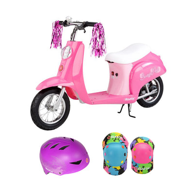 Razor Pocket Mod Mini Electric Scooter, Pink w/ Rainbow Helmet & Elbow/Knee Pads