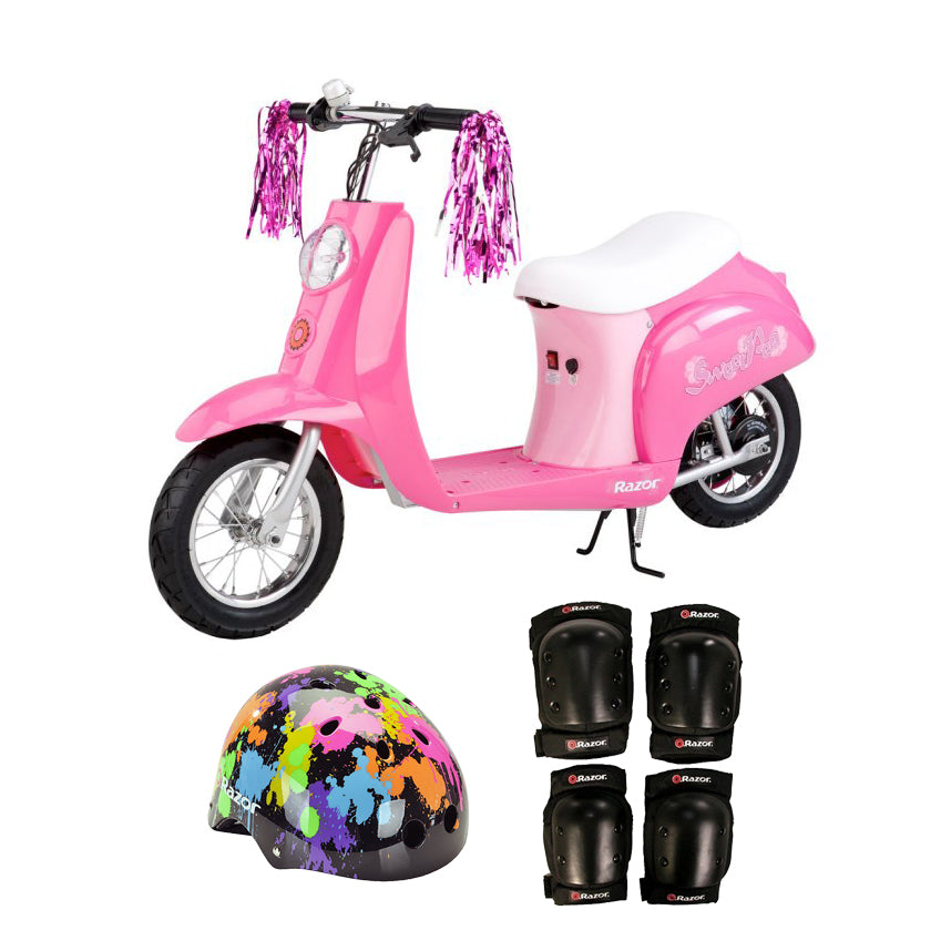 Razor Pocket Mod Mini Electric Scooter w/ Rainbow Helmet & Black Elbow/Knee Pads