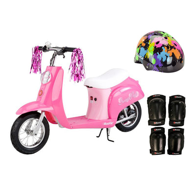 Razor Pocket Mod Mini Electric Scooter Bundle with Rainbow Helmet & Safety Pads