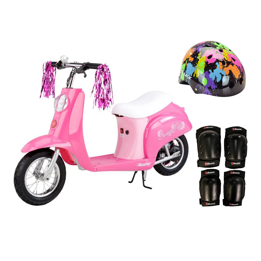 Razor Pocket Mod Mini Electric Scooter Bundle with Rainbow Helmet & Safety Pads