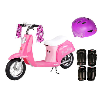 Razor Pocket Mod Mini Euro Electric Scooter w/ Purple Helmet & Elbow, Knee Pads - VMInnovations