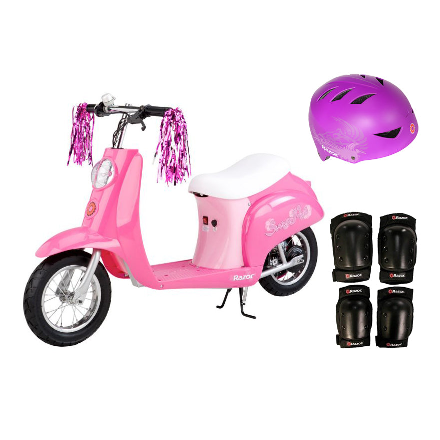 Razor Pocket Mod Mini Euro Electric Scooter w/ Purple Helmet & Elbow, Knee Pads - VMInnovations