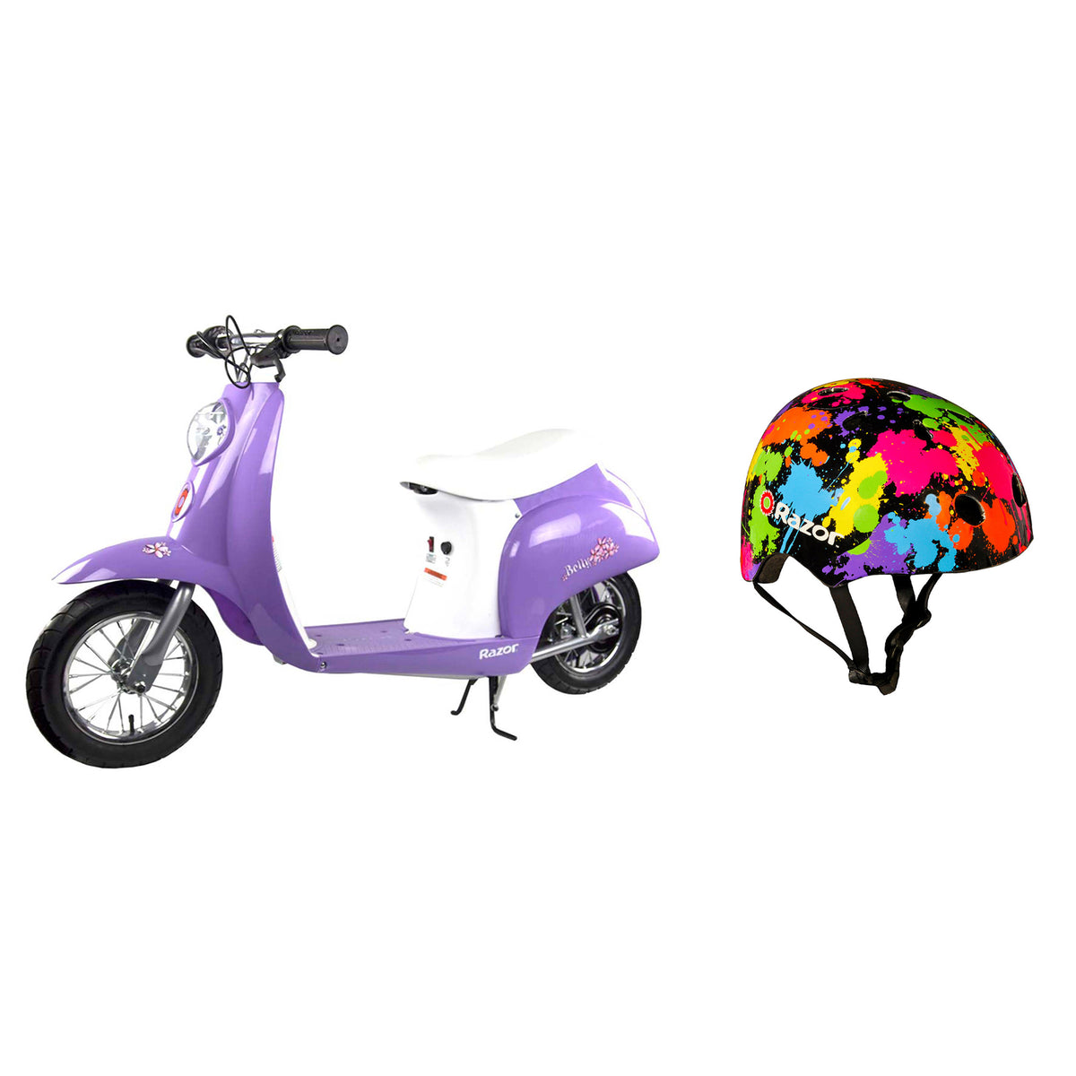 Razor Pocket Mod Mini Euro 24V Electric Kids Scooter w/ Rainbow Splatter Helmet