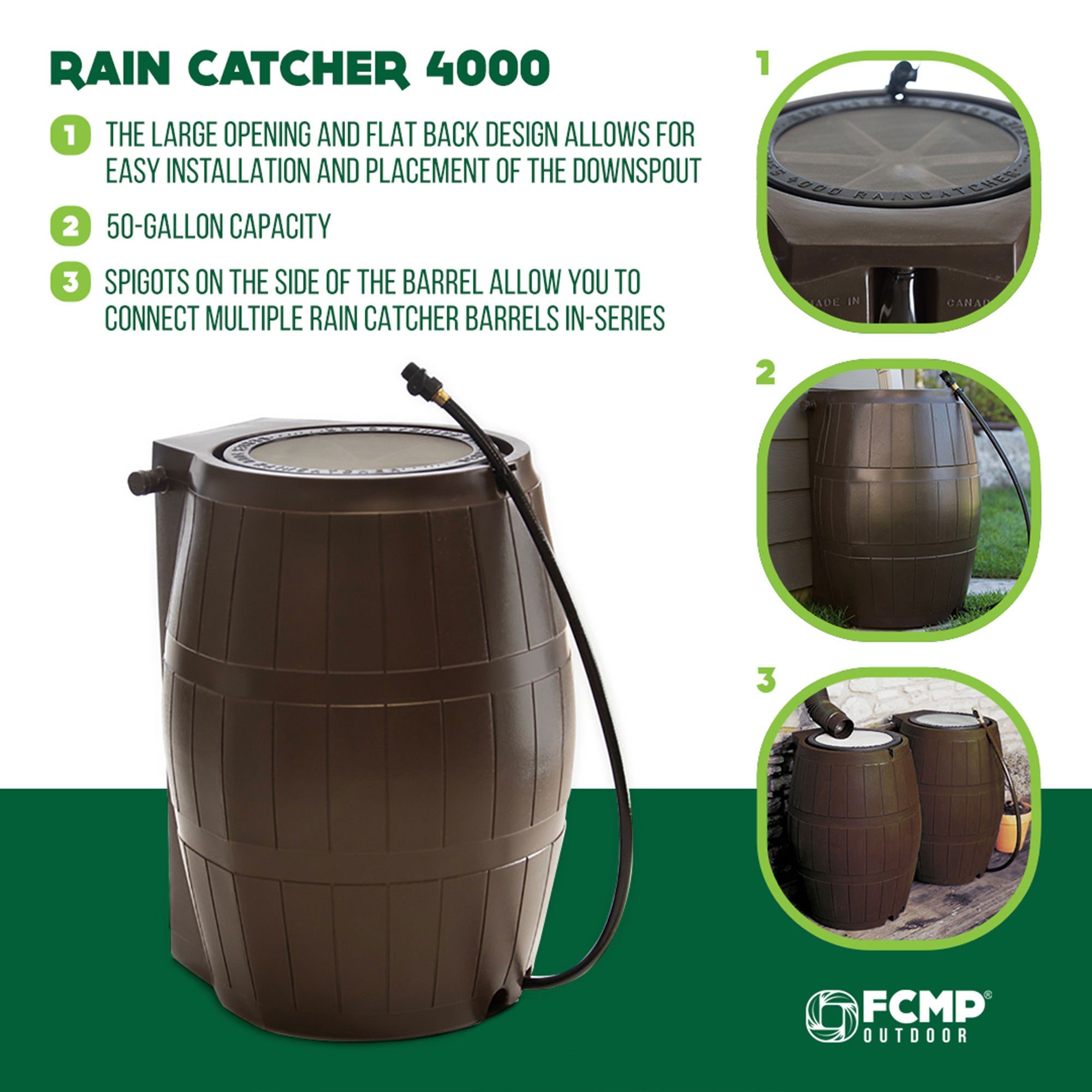 FCMP Outdoor RC4000 50 Gallon Outdoor Rain Water Catcher Barrel Container, Brown