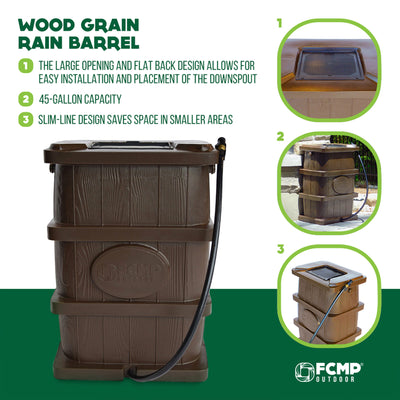 FCMP Outdoor WG4000 45 Gal Wood Grain Rain Water Catcher Barrel Container, Brown