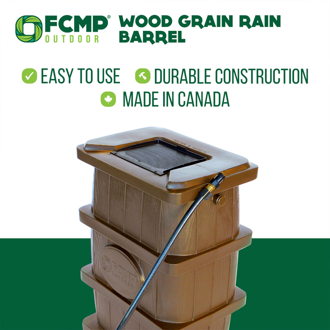 FCMP Outdoor WG4000 45 Gal Wood Grain Rain Water Catcher Barrel Container, Brown