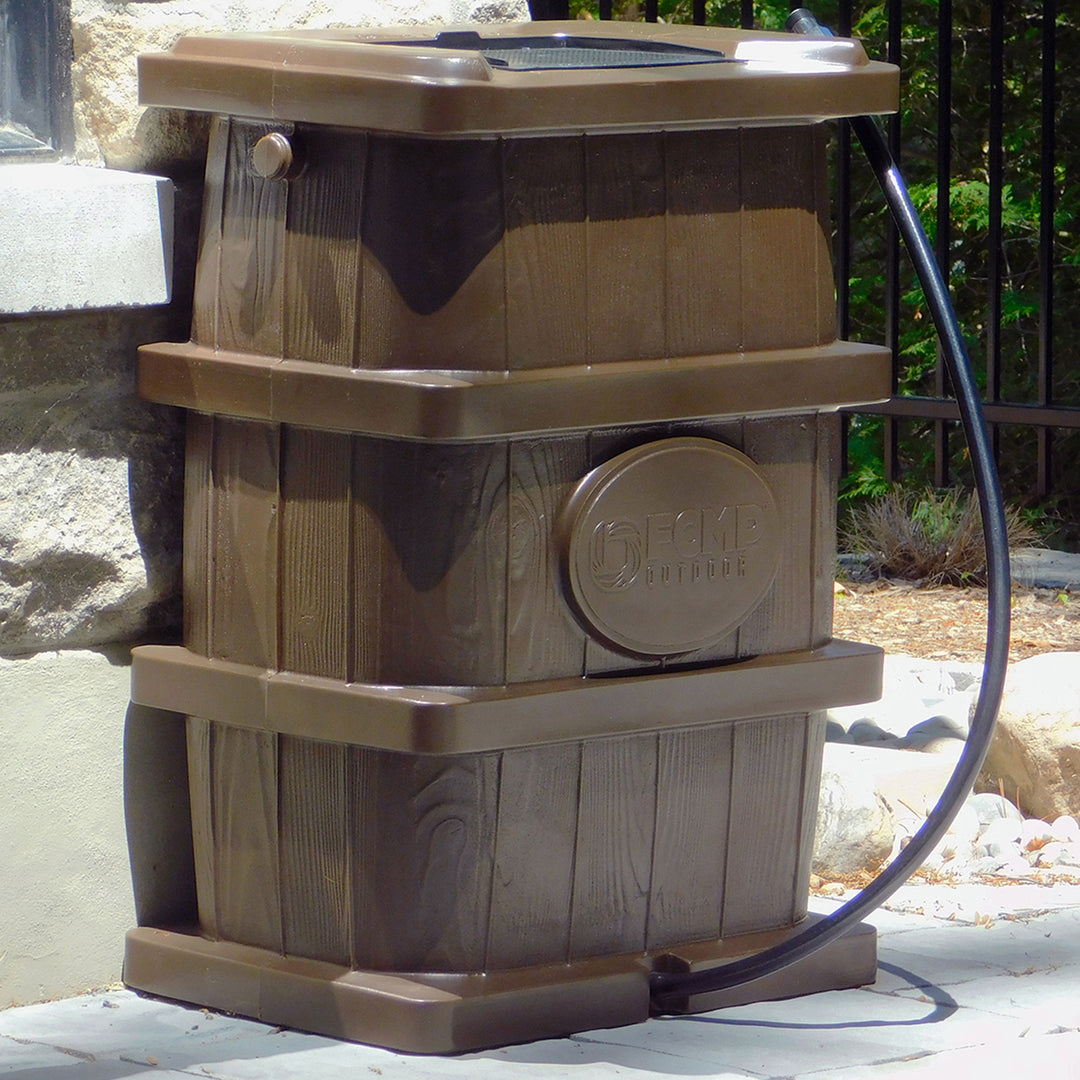 FCMP Outdoor WG4000 45 Gal Wood Grain Rain Water Catcher Barrel Container, Brown