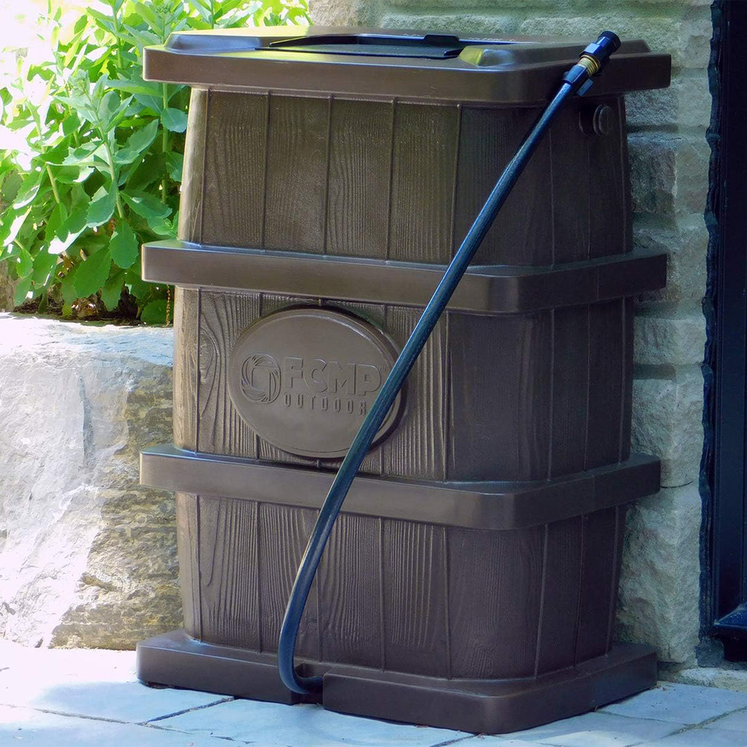 FCMP Outdoor WG4000 45 Gal Wood Grain Rain Water Catcher Barrel Container, Brown