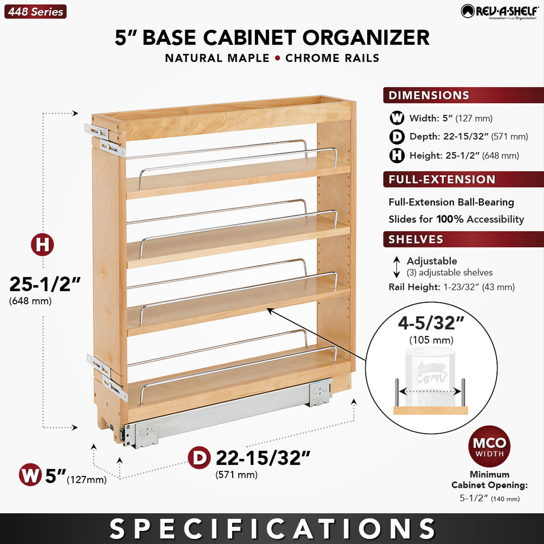 Rev-A-Shelf 5" Pullout Kitchen Cabinet Organizer Pantry Spice Rack, 448-BC-5C