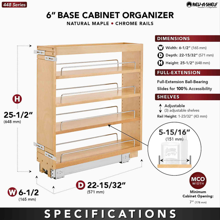 Rev-A-Shelf 6" Pullout Kitchen Cabinet Organizer Pantry Spice Rack, 448-BC-6C