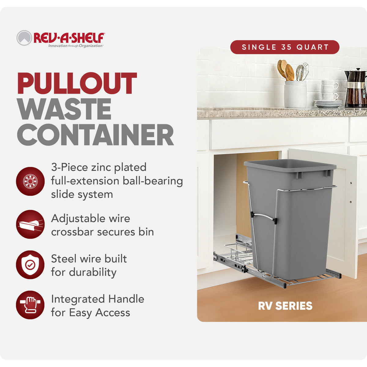 Rev-A-Shelf S 35 Quart Pull Out Waste Container with Basket, Silver (Open Box)
