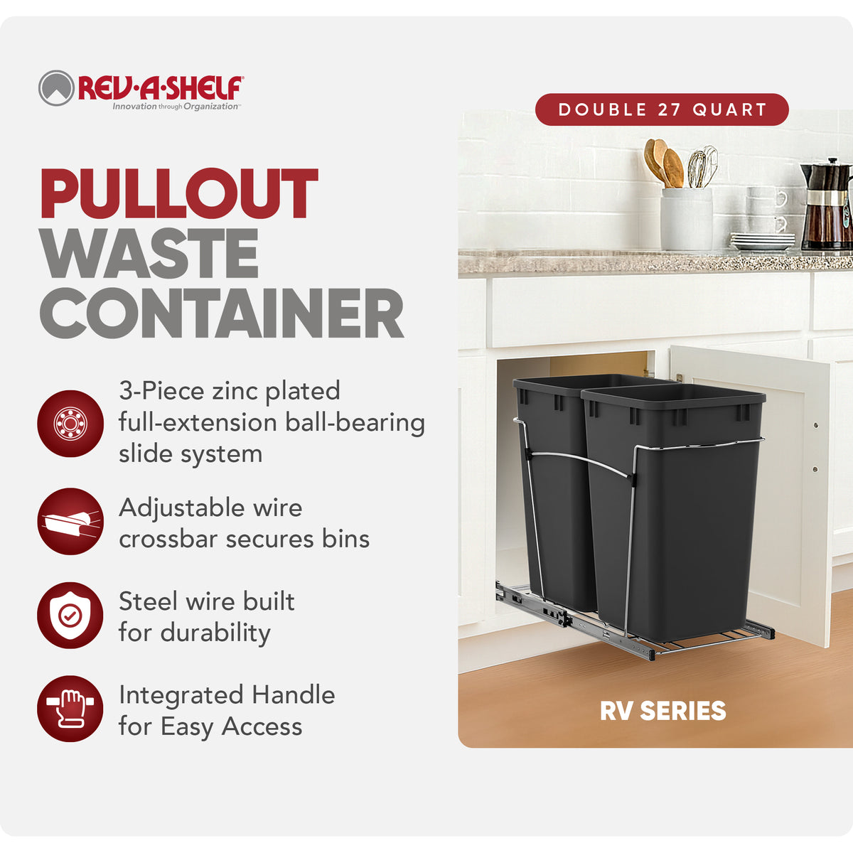 Rev-A-Shelf Double 27 Quart Pullout Waste Bin Container, Black (Used)