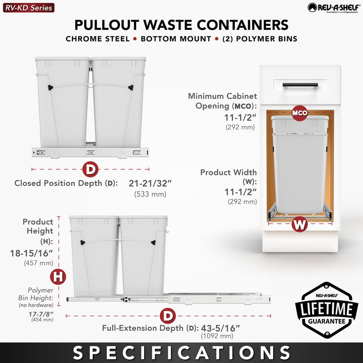 Rev-A-Shelf Double Pullout Trash Can 27 qt. for Kitchen, Black, RV-15KD-18C S - VMInnovations