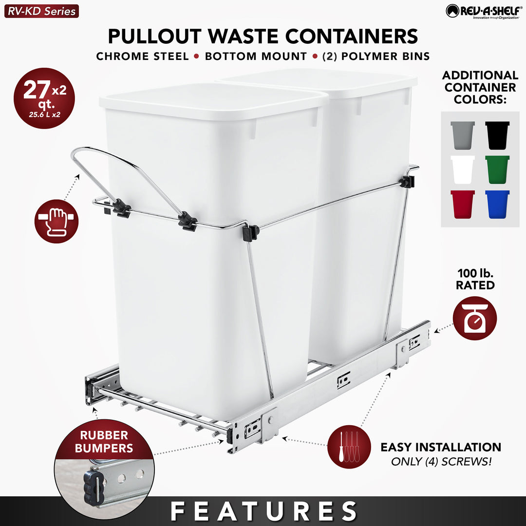 Rev-A-Shelf Double Pullout Trash Can 27 qt. for Kitchen, Black, RV-15KD-18C S