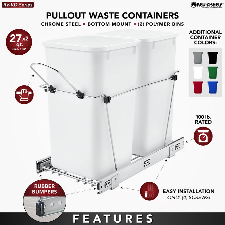 Rev-A-Shelf Double Pullout Trash Can 27 qt. for Kitchen, Black, RV-15KD-18C S